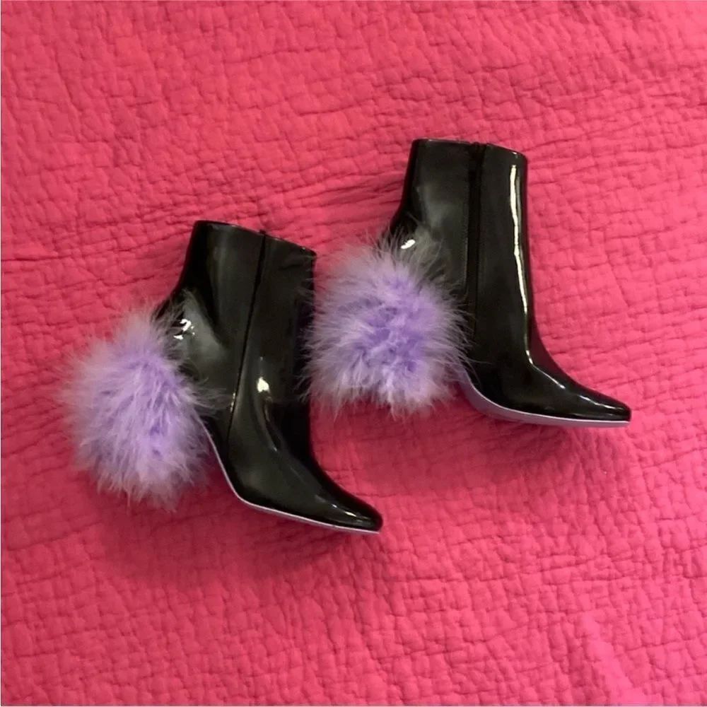 River Island Black Ankle Boots with Purple marabou Accent heels, US6